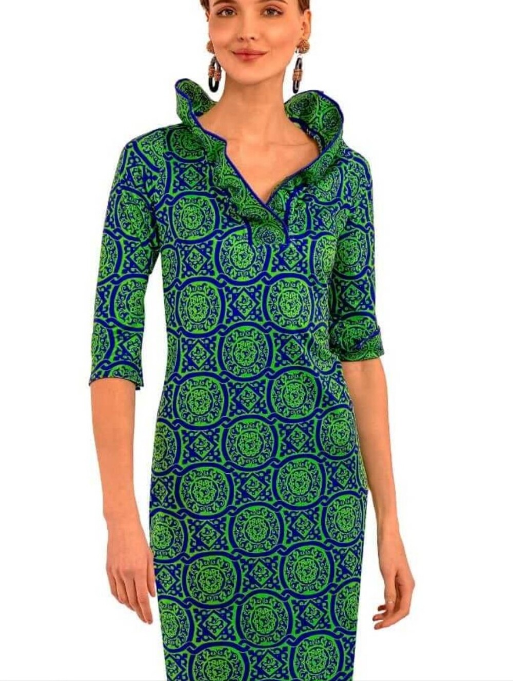 Gretchen Scott Ruff Neck Dress Ruffle Blue & Green Tile Print Size Medium